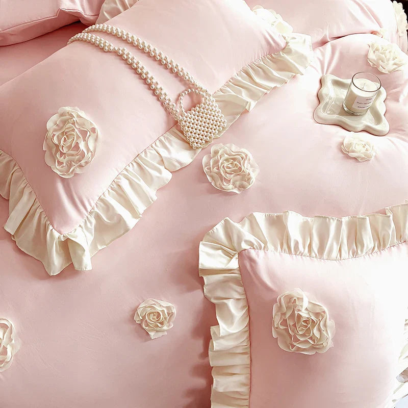 Afralia™ Pink Stereoscopic Bedding Set: Handwork Flowers Embroidery, Ruffle, Korean Style