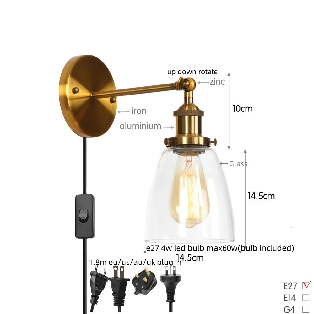 Afralia™ Vintage Single Arm LED Wall Lamp Iron Glass Retro Stair Light