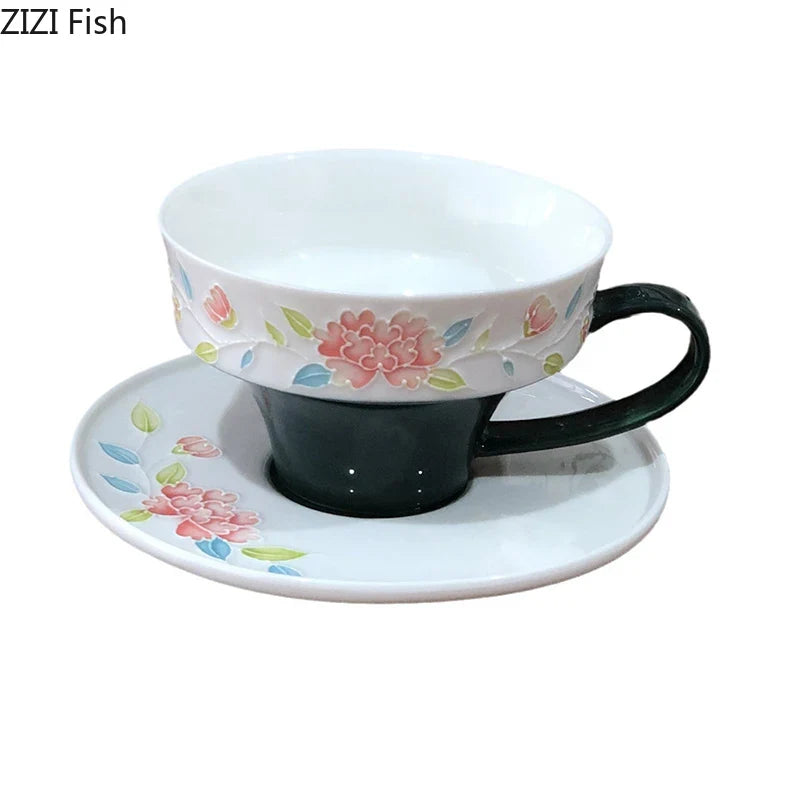 Afralia™ Peony Flower Ceramic Cup & Saucer Set for Dining Table and Coffee, Tea or Juice