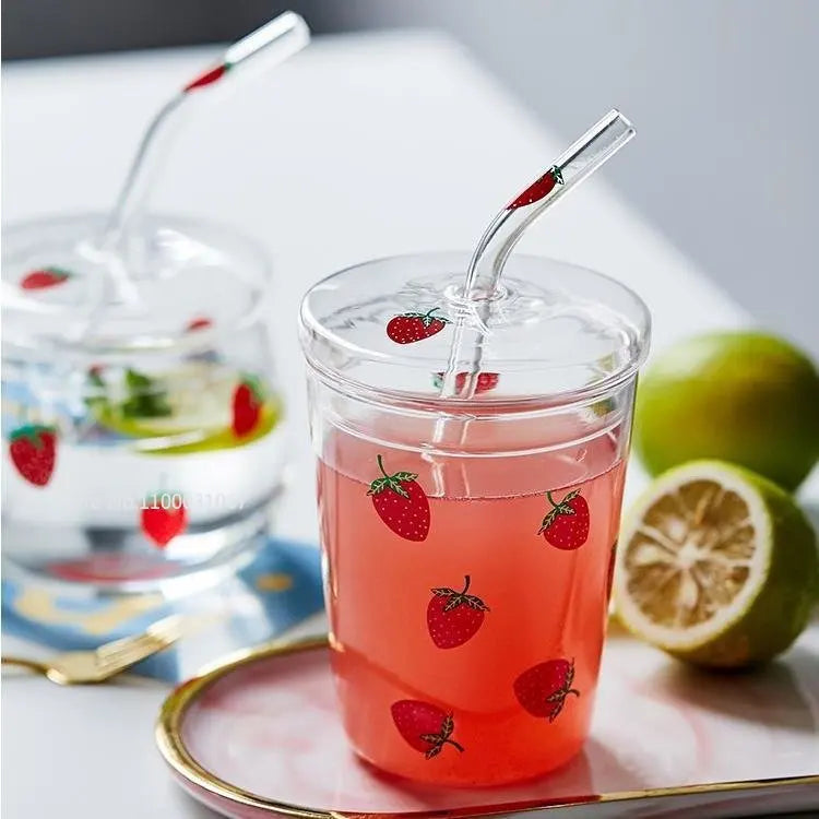 Afralia™ Strawberry Glass Cup 300/350ml Heat Resistant with Lip, Straw, Cute Design