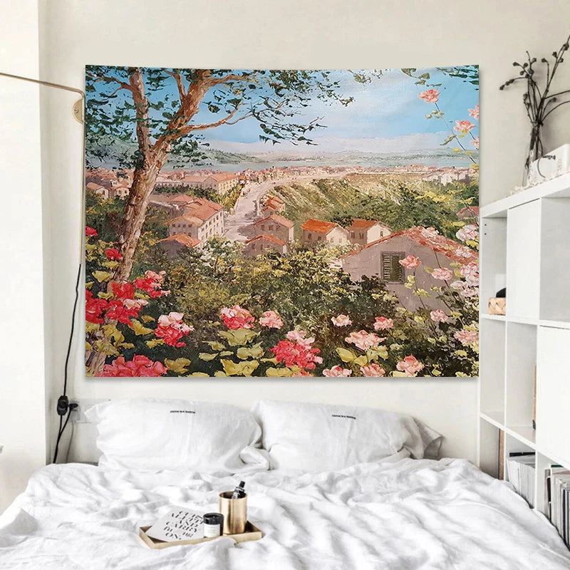 Afralia™ Rose Garden Tapestry Retro Oil Painting Wall Cloth for Bedroom Decor