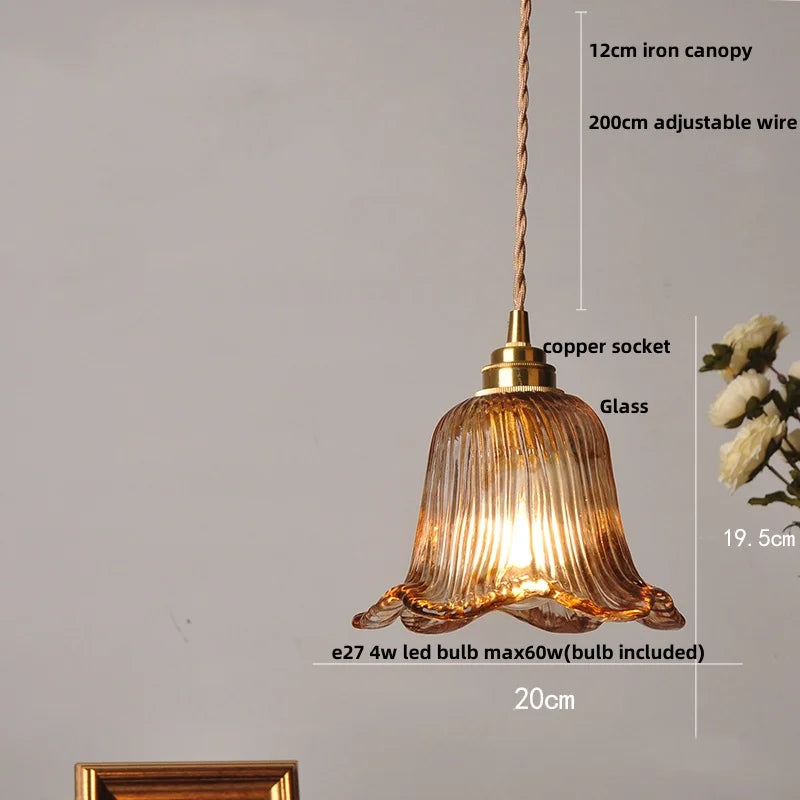 Afralia™ Amber Glass LED Pendant Light Fixture, Vintage E27 Copper Hanging Lamp