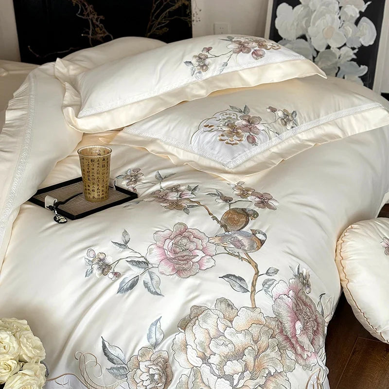 Afralia™ 5-Piece Chinese Flowers Bird Embroidery Bedding Set, 1000TC Egyptian Cotton, Queen King