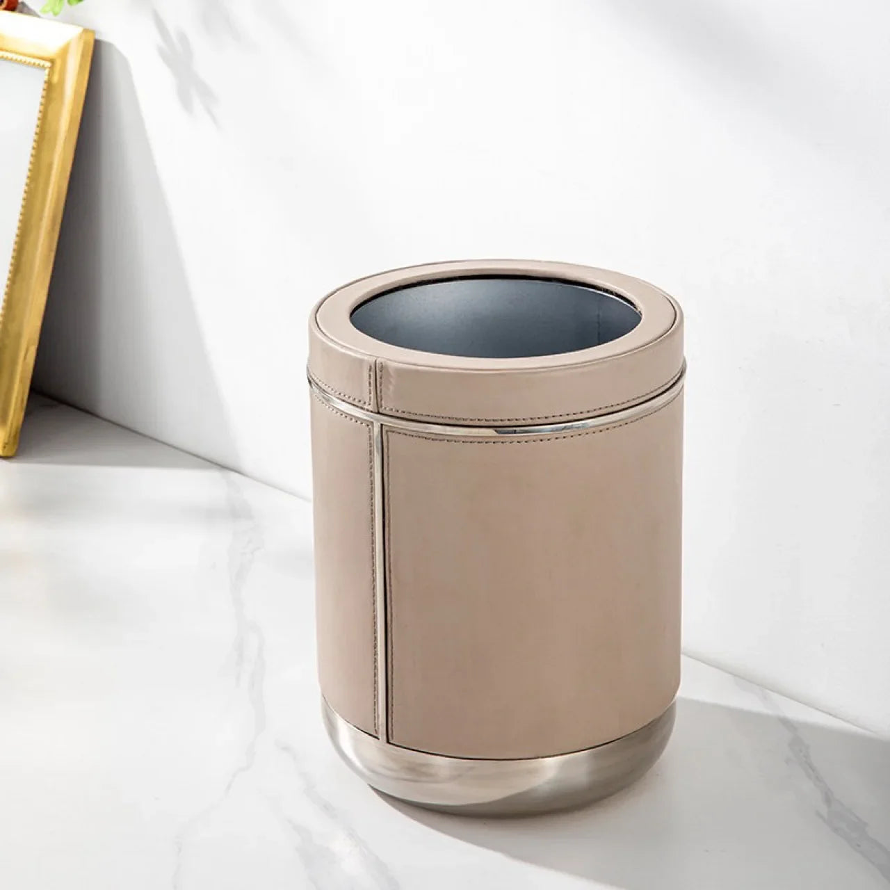 Afralia™ Stainless Steel Leather Bedroom Trash Can with Large Capacity