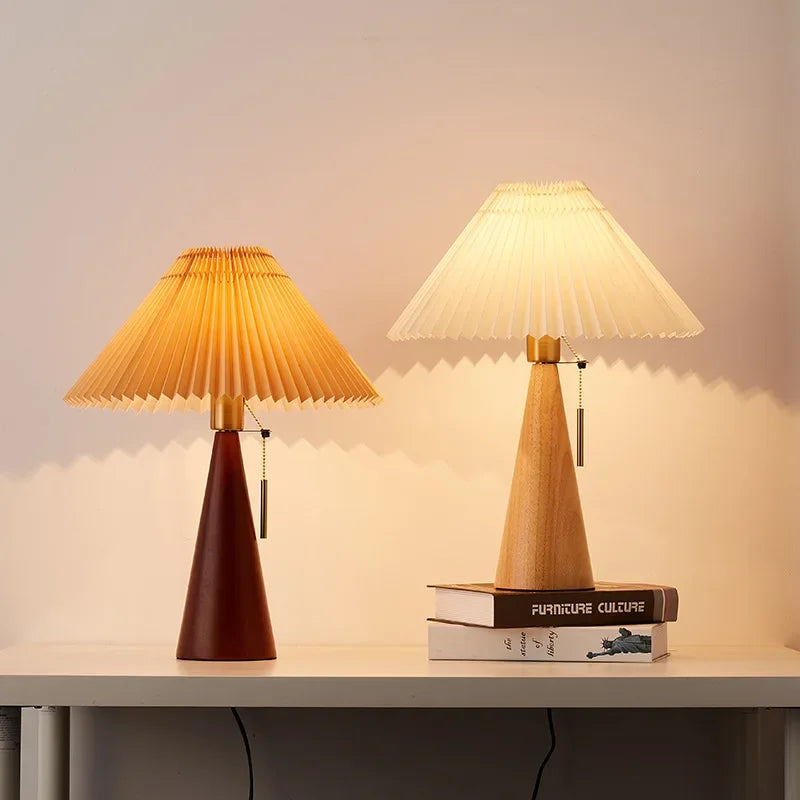 Afralia™ Nordic Retro Pleated Table Lamp - Solid Wood Desk Light for Bedroom and Living Room