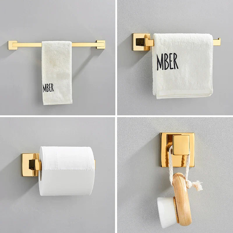 Afralia™ Polish Gold Stainless Steel Bathroom Accessories Set: Towel Bar, Paper Holder, Hook