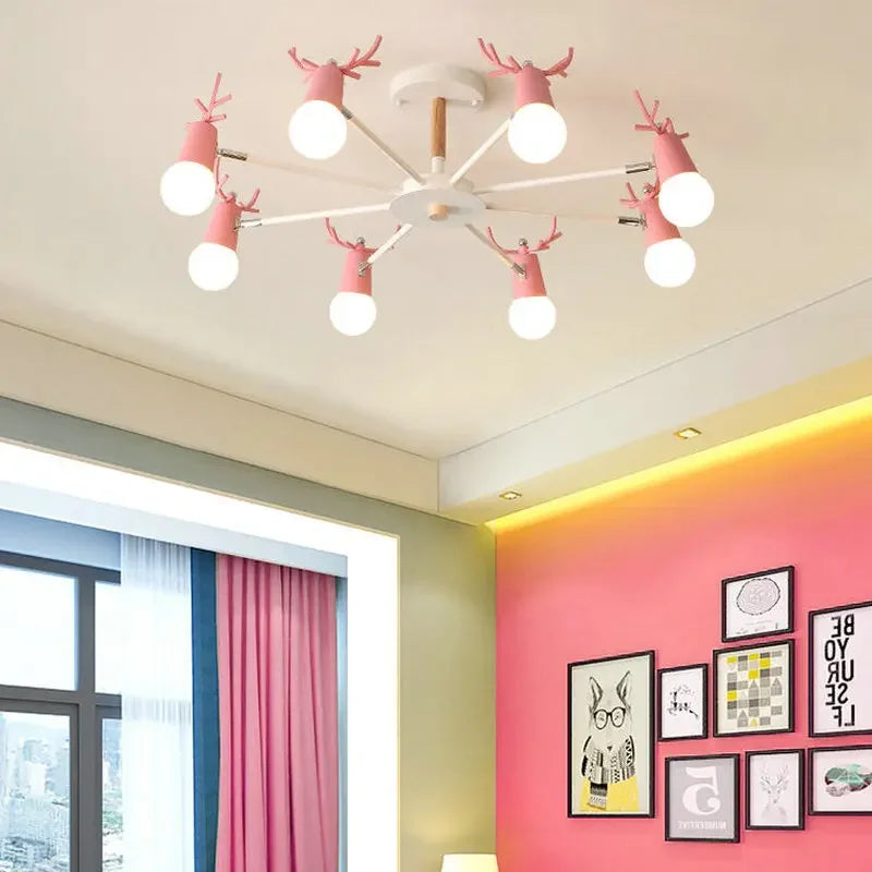 Afralia™ Modern Deer Horn Chandelier with Black White Pink Lampshade