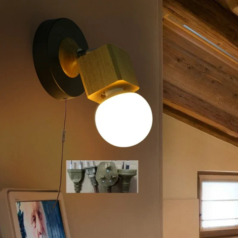 Afralia™ Nordic Wood Iron LED Wall Lamps - Up Down Rotate Hallway Bathroom Plug In