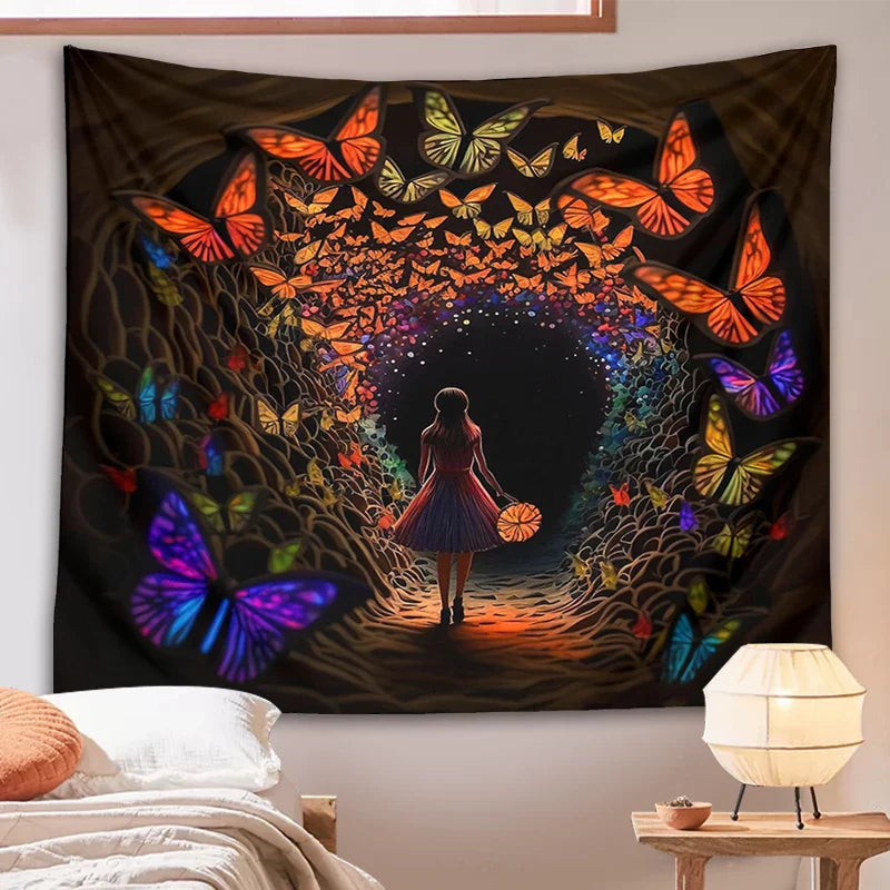 Afralia™ Psychedelic Girl Tapestry Wall Hanging Butterfly Cave Boho Colorful Decor