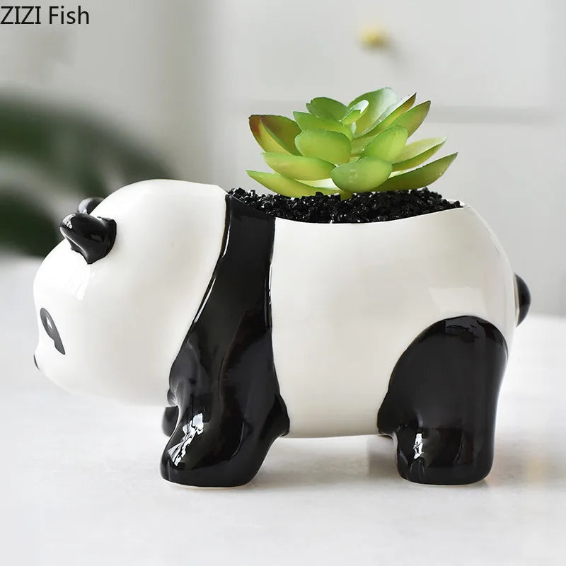 Afralia™ Panda Cartoon Ceramic Flower Pot for Succulents, Artificial Animal Vase and Floral Arrangement