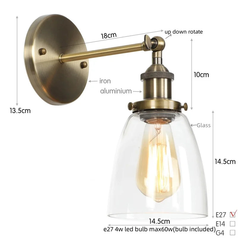 Afralia™ Vintage Single Arm LED Wall Lamp Iron Glass Retro Stair Light