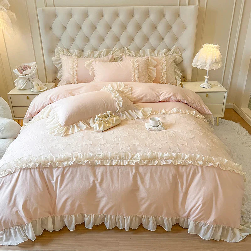 Afralia™ Princess Flowers Lace Ruffles Bedding Set: 100% Cotton Duvet Cover, Fitted Sheet, Bed Sheet, Pillowcases