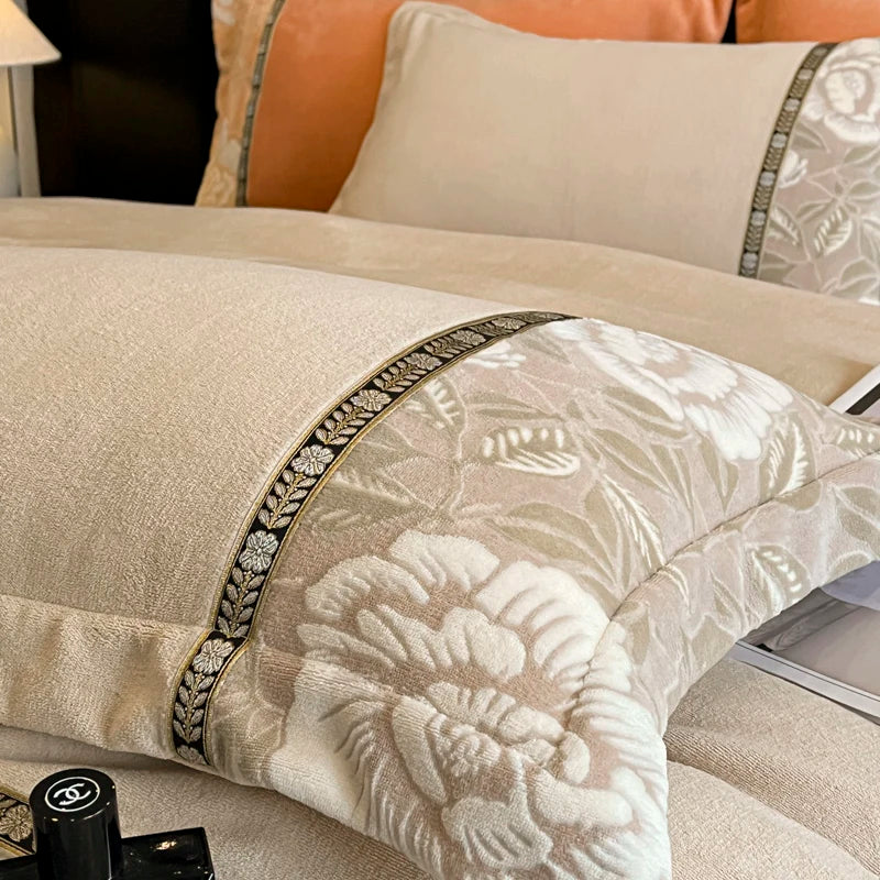 Afralia™ Winter Velvet Flowers Bedding Set: Warm & Cozy 4-Piece Duvet Cover, Bed Sheet, Pillowcases
