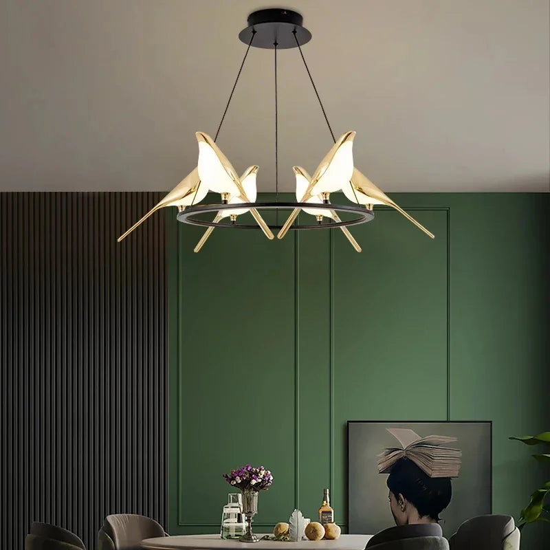 Afralia™ Gold Magpie Bird LED Ceiling Chandelier for Dining Room Decor