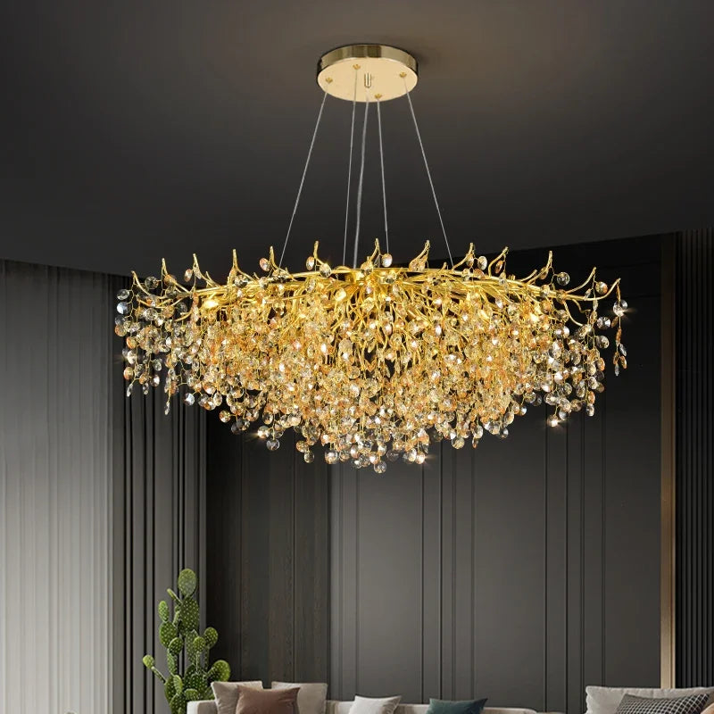 Afralia™ Golden Dendrite Crystal LED Ceiling Chandelier - Luxe Living Room Lighting