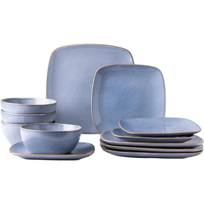 Stylish-Dishes Ceramic Dinnerware Set for 4 - 12 Pieces Square Handpainted Plates and Bowls Set