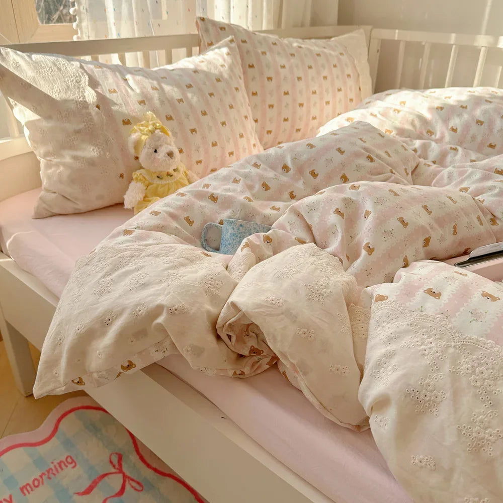 Afralia™ French Lace Washed Cotton Bedding Sets for King Queen Beds