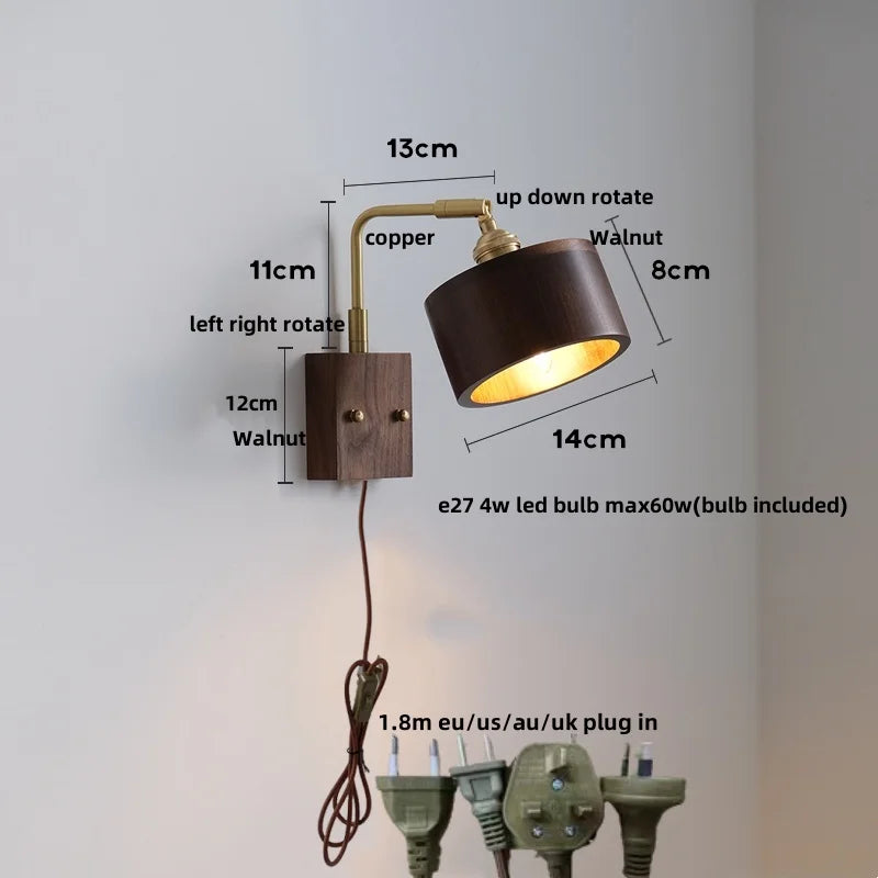 Afralia™ Walnut Wood LED Wall Lamp Sconce with Pull Chain Switch Rotation Mirror Light