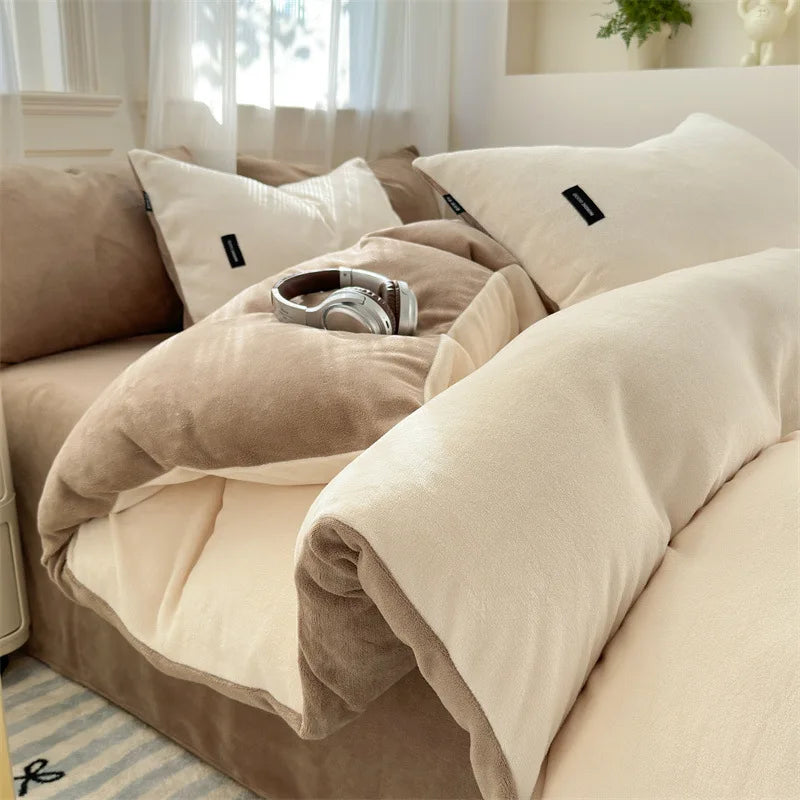 Afralia™ Coral Color Blocked Velvet Single Duvet Cover for Winter