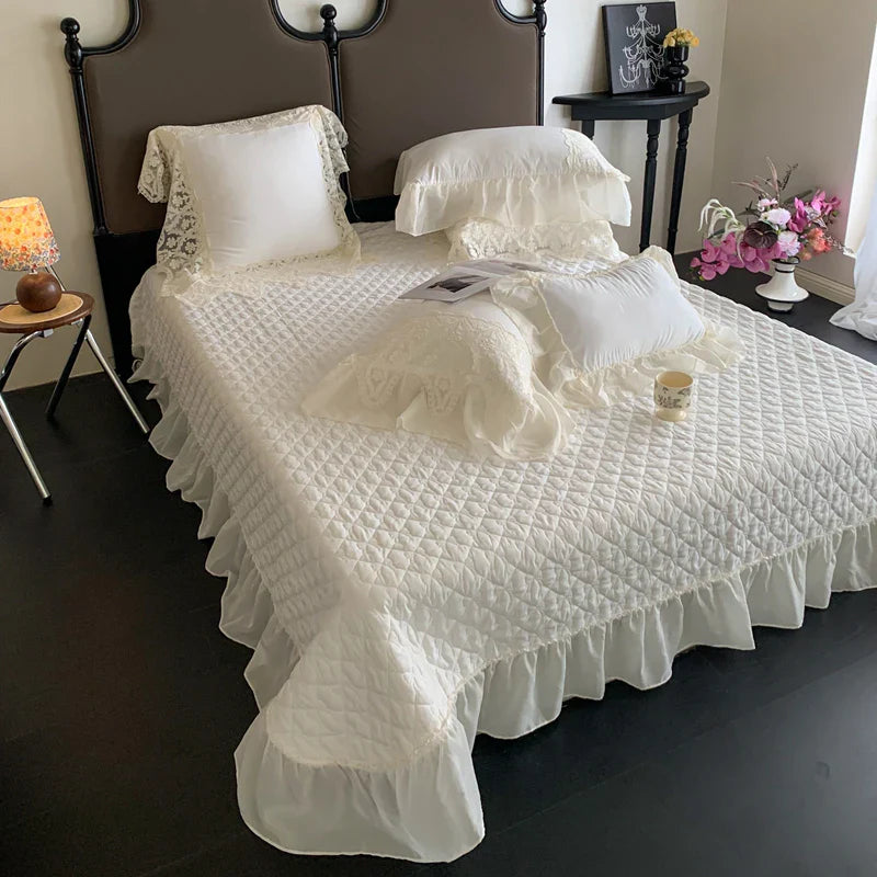 Afralia™ Pink Lace Ruffles Quilted Bedspread 250x260cm Bed Cover - Summer Quilt