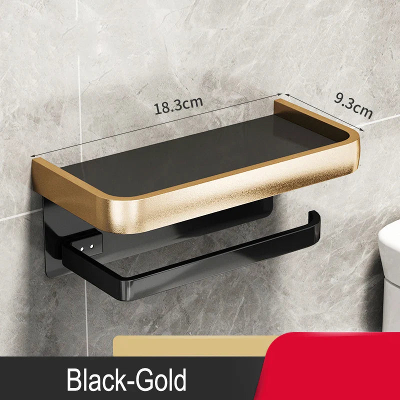 Afralia™ Wall Mount Toilet Paper Holder with Phone Shelf, Black
