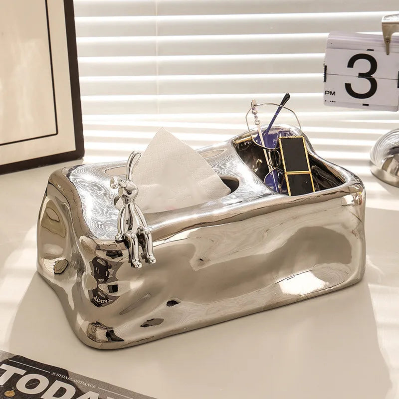 Afralia™ Silver Ceramic Tissue Box & Rabbit Napkin Holder - Home Desktop Storage