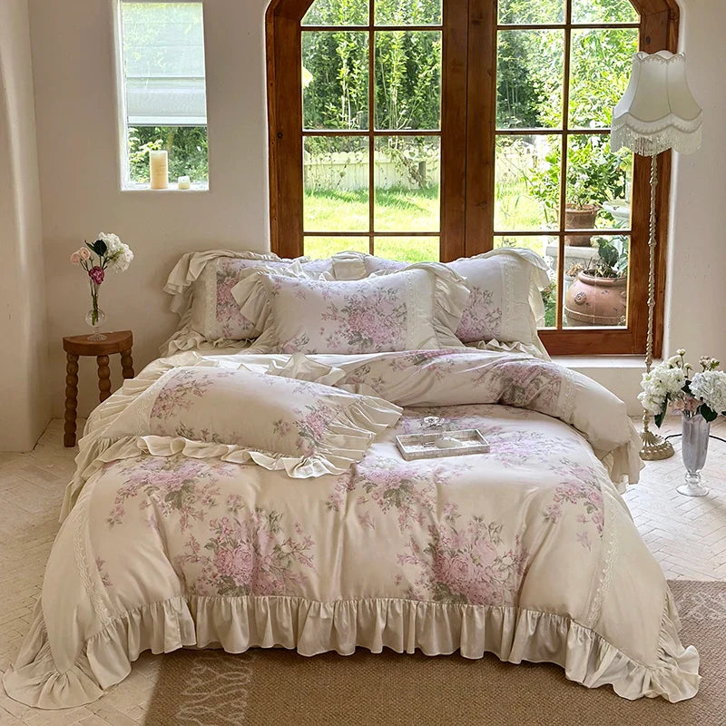 Afralia™ Vintage French Pastoral Lace Ruffles Bedding Set: Duvet Cover, Bed Sheet, 2 Pillowcases