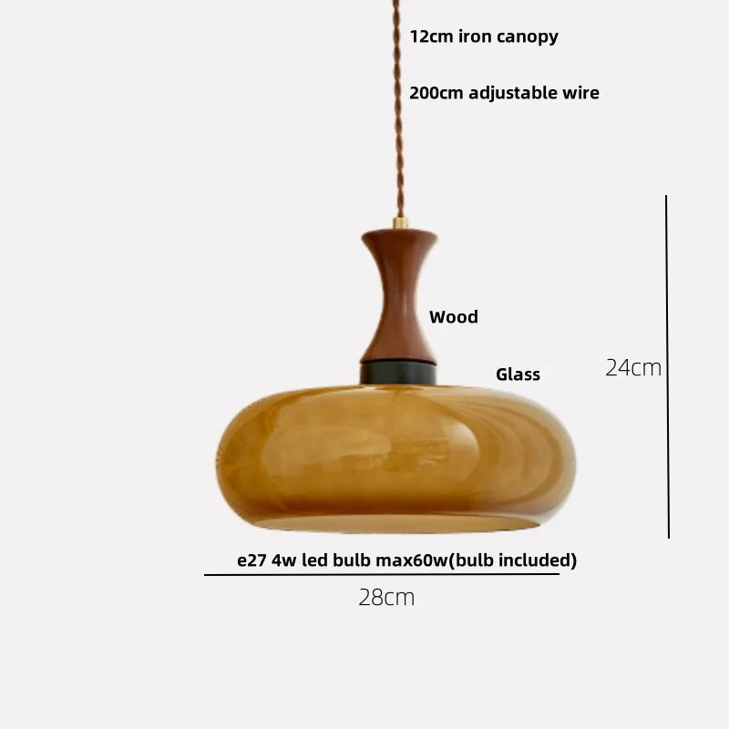 Afralia™ Vintage Amber LED Pendant Light Fixture Wood Glass Loft Adjustable Hang Lamp
