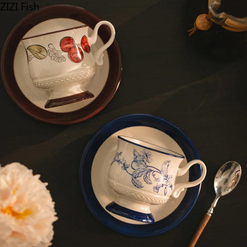 Afralia™ Flower Fruit Ceramic Cup&Saucer Set Dining Coffee Tea Milk Mugs.