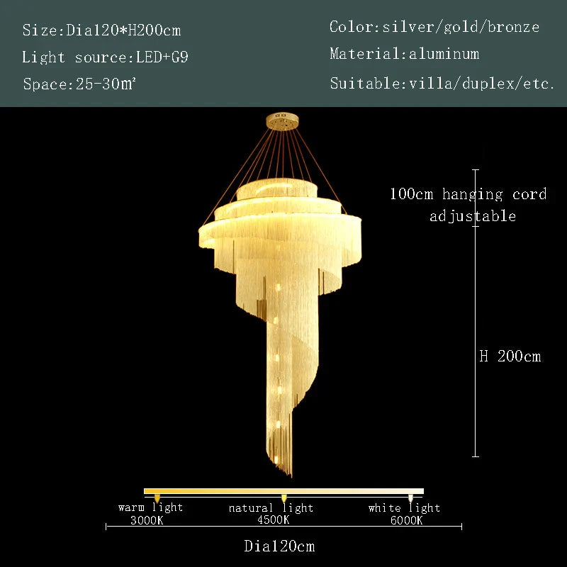Afralia™ Spiral Staircase Chandelier Tassel Ceiling Light LED Lustres Silver Gold Decor