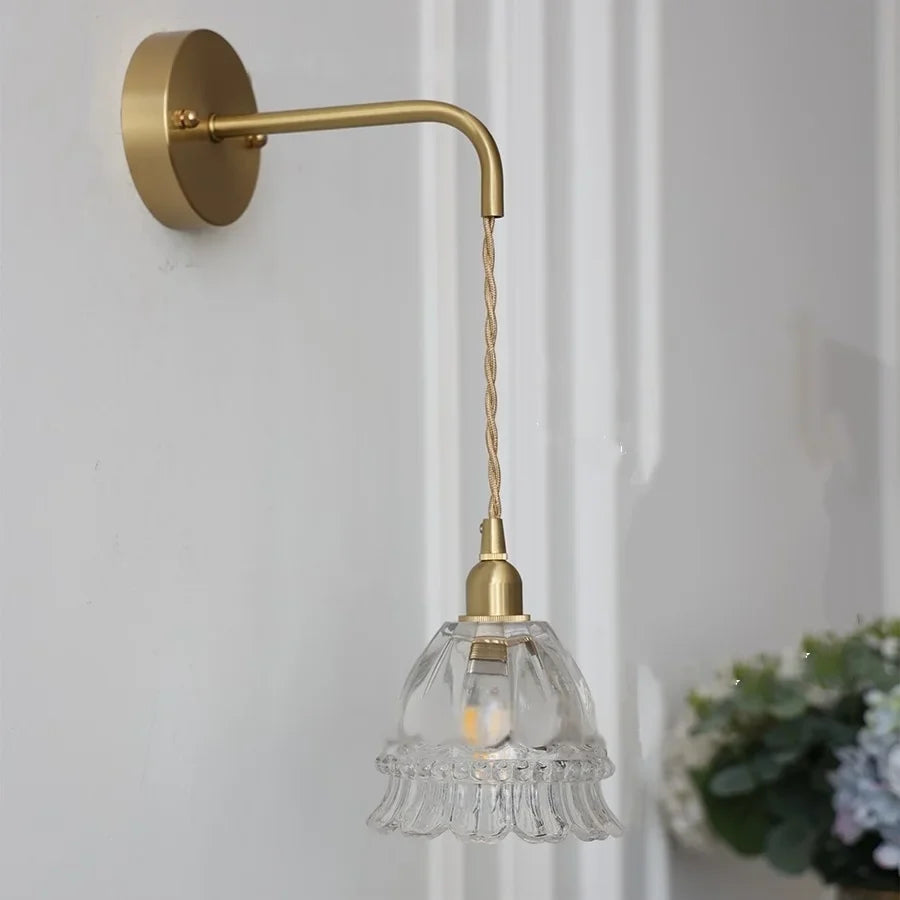 Afralia™ Amber Glass LED Wall Light Pull Chain Switch Modern Flower Sconce