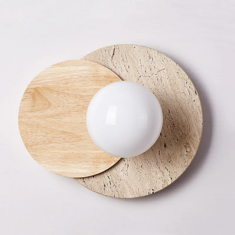 Afralia™ Wood White Glass LED Wall Sconce Yellow Travertine Mirror Light