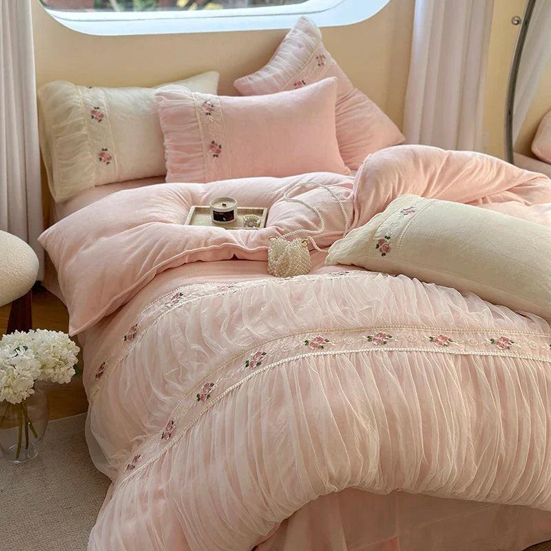 Afralia™ Pink Velvet Fleece Bedding Set with Flowers Embroidery & Lace Pleat