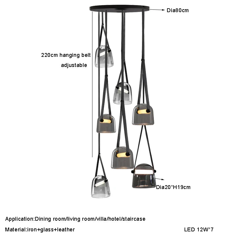 Afralia™ Glass Crystal LED Chandelier Ceiling Light with Leather Strips Suspension Lamp