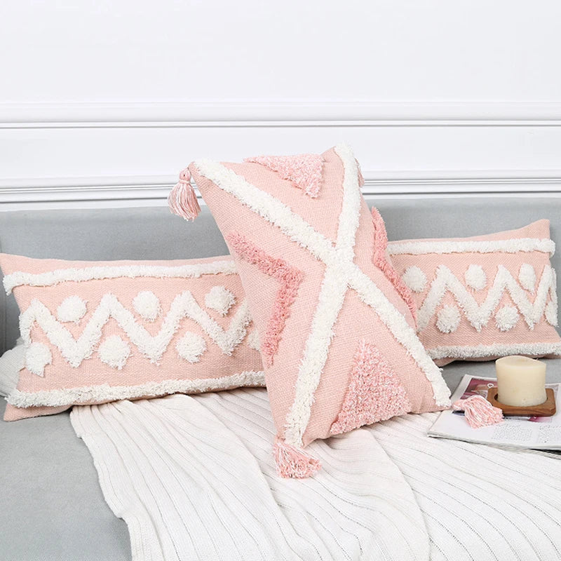 Afralia™ Tufted Pink Geometric Tassel Pillow Covers - Bohemian Style Home Decor