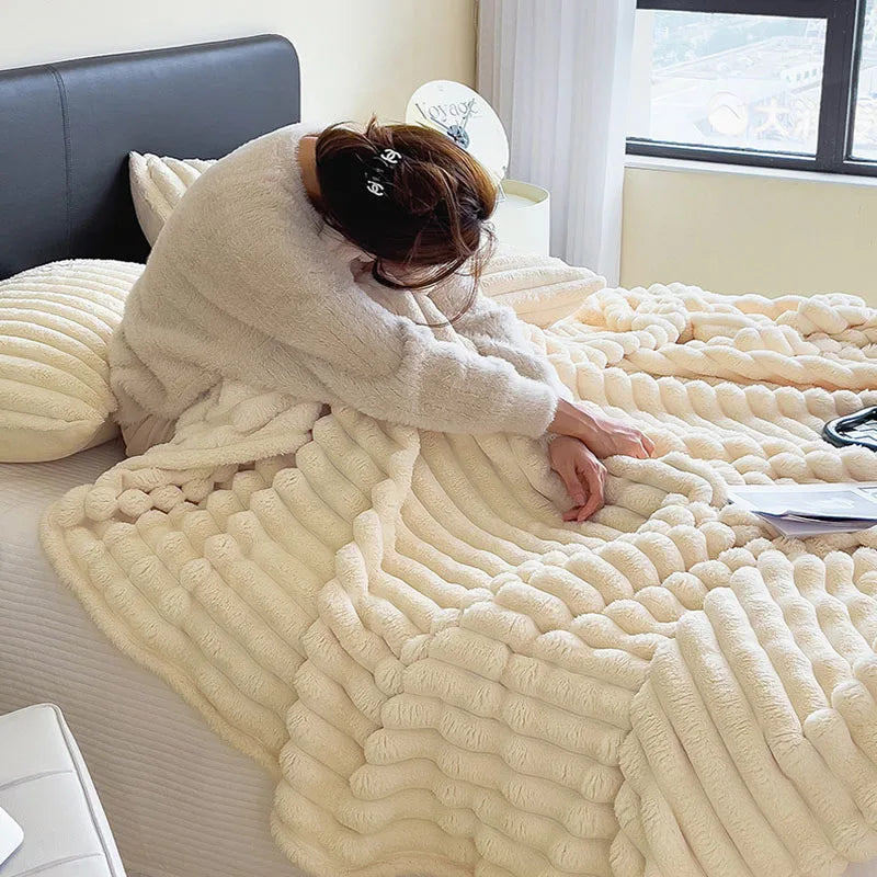 Afralia™ Faux Rabbit Plush Striped Blanket: Nordic Coral Velvet Carpet for Napping & Quilting.