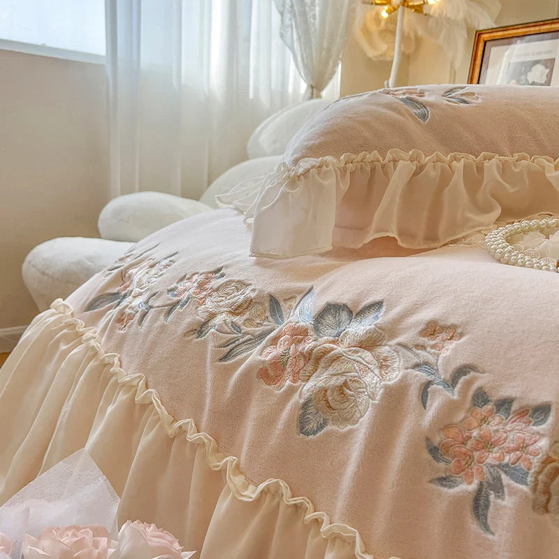 Afralia™ Pink Princess Lace Ruffle Bedding Set with Rose Embroidery, Fleece Duvet Cover, Sheet, Pillowcase
