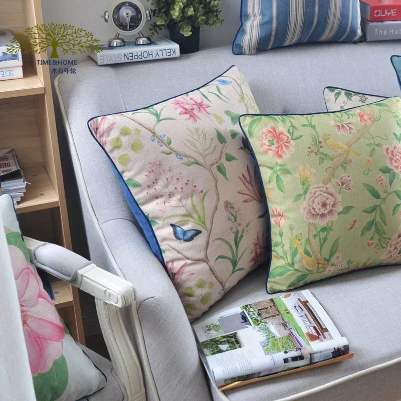 Afralia™ Velvet & Linen Floral Cushion Cover Shabby Chic Pink Green 45x45cm