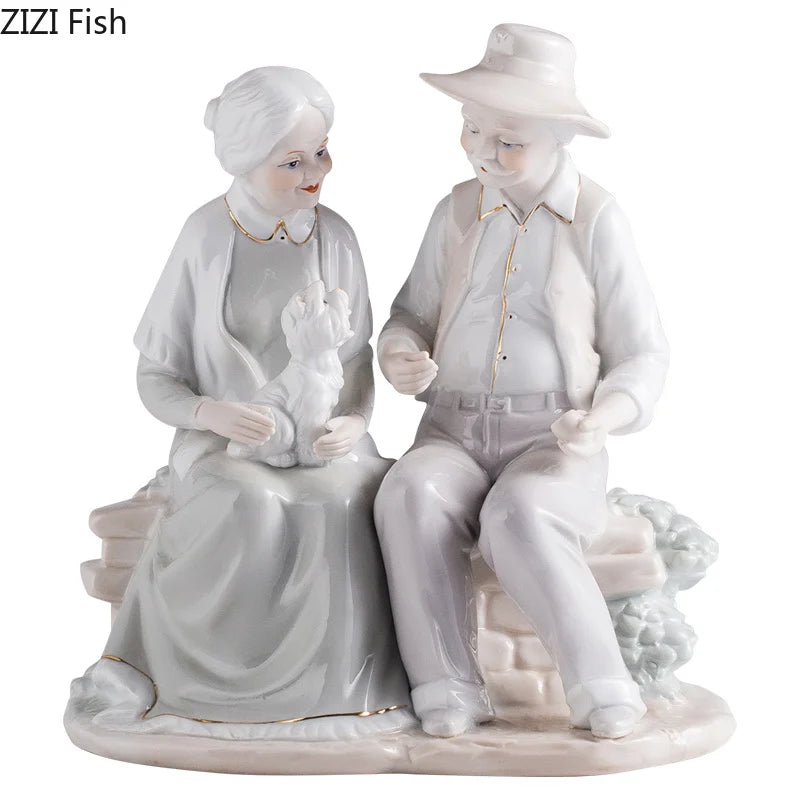 Ceramic Old Couple Sculpture Statue Home Decor Gift from Afralia™