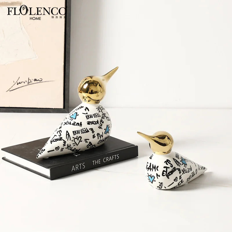Afralia™ Sparrow Ceramic Ornament Gold Beak Abstract Pattern Decoration