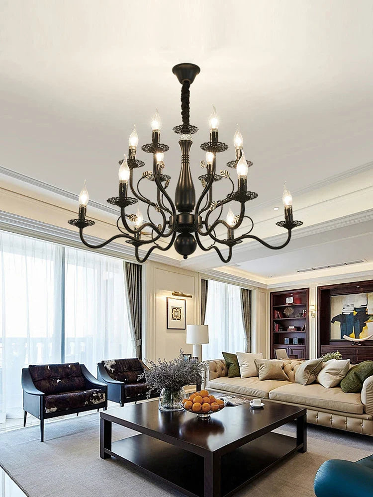 Afralia™ Wrought Iron Chandelier Candle Light Black/Gold Metal Fixture