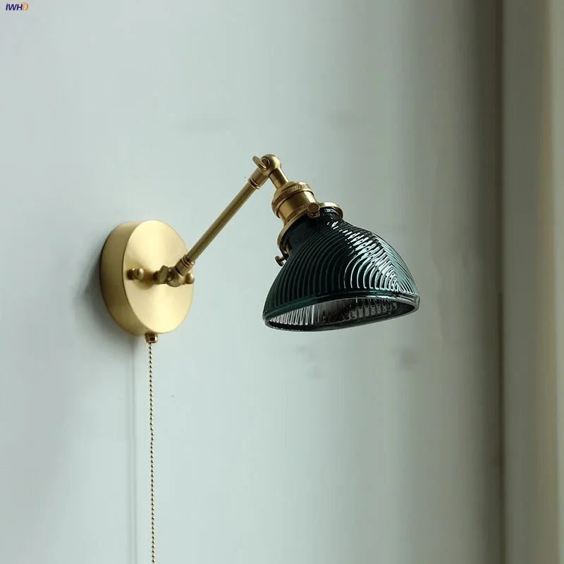 Afralia™ Vintage Glass Copper LED Wall Sconce with Pull Chain Switch for Home Decor