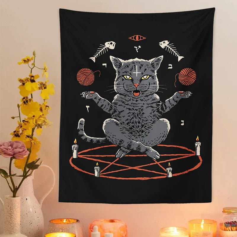 Afralia™ Cat Coven Tapestry Wall Hanging - Cool Black Witchcraft Decor for Living Room and Bedroom