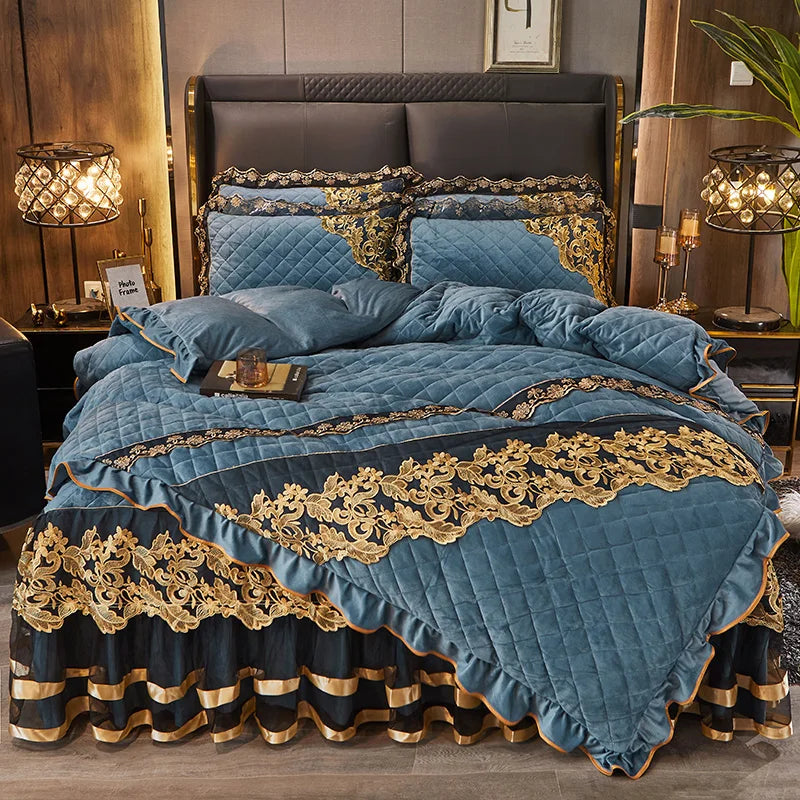 Afralia™ Black Gold Luxury Crystal Velvet Bedding Set with Quilted Embroidery & Ruffles