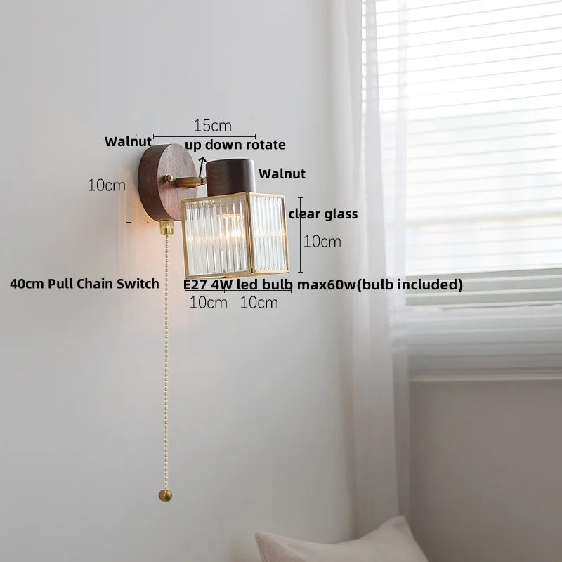 Afralia™ LED Glass & Wood Wall Lamp | Modern Nordic Design, Pull Chain, Rotate Function