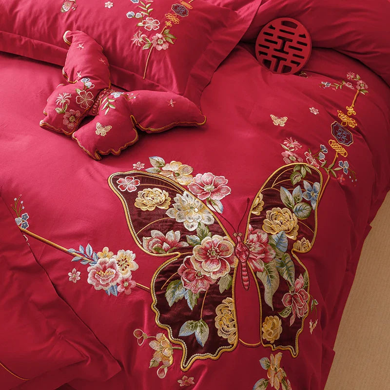 Afralia™ Chinese Butterfly Flowers Embroidery Wedding Bedding Set - 1000TC Cotton