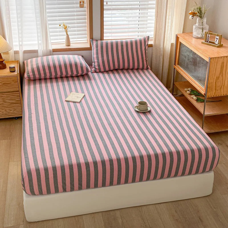 Afralia™ Cotton Stripe Fitted Sheet- Single Cozy Mattress Cover with Elastic Band