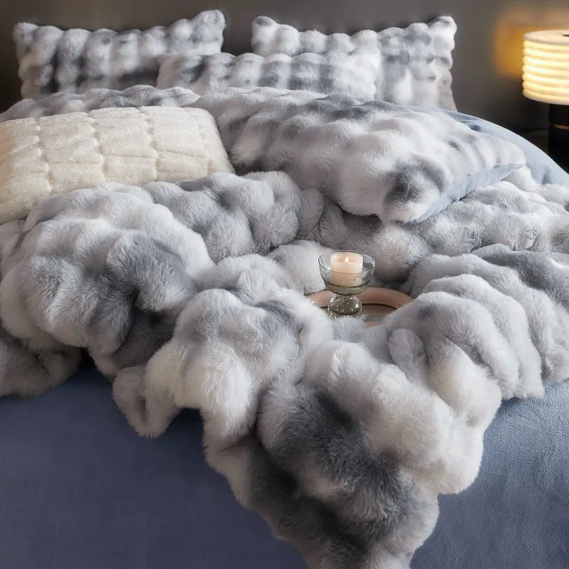 Afralia™ Gradient Blue & Grey Faux Rabbit Fur Bedding Set: Velvet Fleece Duvet, Sheets, Pillowcases