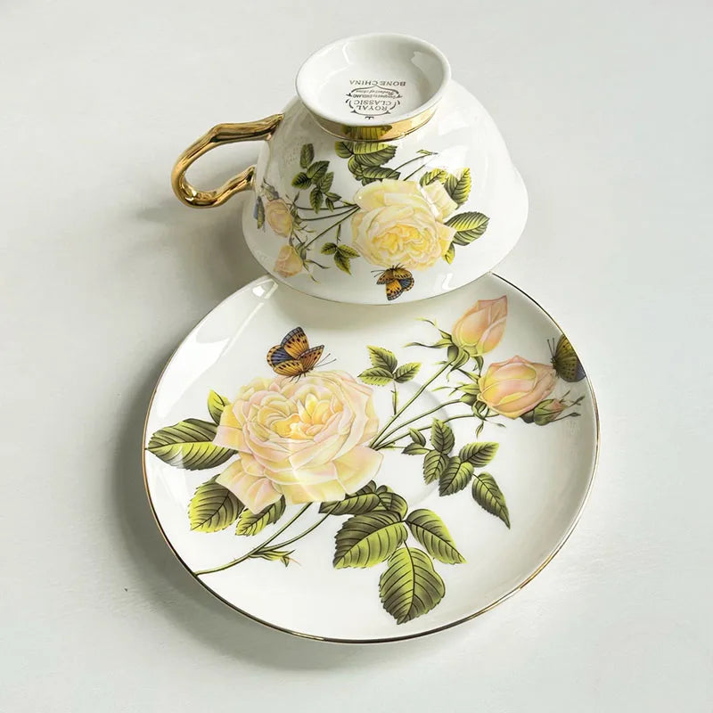Afralia™ Flowers Pattern Porcelain Coffee Cup & Saucer Set - Exquisite Tea & Juice Mug