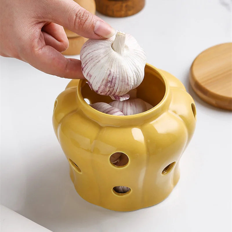 Afralia™ Ceramic Garlic Storage Jar with Lid, Hollow Openwork Design